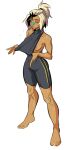 1girl areola_slip bandaid bandaid_on_face bandaid_on_nose barefoot beck_shiloh black_hair black_unitard blonde_hair breasts closed_eyes clothes_tug commentary english_commentary flying_sweatdrops full_body high_ponytail highres medium_breasts multicolored_hair multiple_scars ponytail rumble_after_dark scar scar_on_leg scar_on_shoulder sideboob solo spicymancer streaked_hair sweat two-tone_hair 