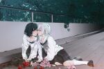  2girls alstroemeria_(pixiv_89946842) alternate_costume aoba_moca bag bang_dream! black_hair black_neckerchief black_shoes black_skirt bob_cut commentary_request dated day eye_contact face-to-face flower green_eyes grey_hair hand_rest highres loafers long_sleeves looking_at_another lying medium_hair mitake_ran multiple_girls neckerchief on_floor orchid outdoors pink_flower purple_eyes red_flower rooftop sailor_collar school_uniform serafuku shirt shoes short_hair sidelocks skirt socks white_shirt white_socks yuri 