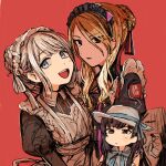  3girls :d alternate_costume apron black_hair blonde_hair brown_hair chibi dutch_angle enmaided expressionless fuyuno_(ramentaro23) gradient_hair grey_hair hair_bun highres idolmaster idolmaster_shiny_colors izumi_mei juliet_sleeves long_sleeves maid maid_headdress mayuzumi_fuyuko multicolored_hair multiple_girls puffy_sleeves red_background serizawa_asahi simple_background smile straylight_(idolmaster) white_apron 