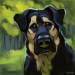 1:1 2020 abstract_background alexpahomov ambiguous_gender black_body black_eyes black_fur brown_eyes canid canine canis digital_media_(artwork) digital_painting_(artwork) domestic_dog feral forest_background fur hi_res mammal painting_(artwork) solo tan_body tan_fur