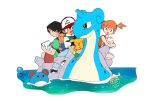  1girl 2boys :d aqua_shorts ash_ketchum bag baseball_cap black_hair black_shirt black_shoes blue_jacket blue_pants closed_mouth commentary green_bag green_shirt happy hat headband highres hsym_2323 jacket lapras marill misty_(pokemon) multicolored_shoes multiple_boys open_mouth orange_bag orange_hair pants pikachu pokemon pokemon_(anime) pokemon_(classic_anime) pokemon_(creature) red_hat red_shorts riding riding_pokemon shirt shoes short_hair shorts side_ponytail smile tank_top togepi tracey_sketchit two-tone_shoes water white_shoes yellow_tank_top 