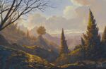  bare_tree cloud cloudy_sky commentary day highres landscape mountain mountainous_horizon no_humans original outdoors pine_tree scenery signature sky tree und2 untranslatable_commentary 