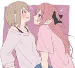  2girls black_ribbon blue_eyes brown_hair commentary_request dokusai_0207 eighth_note eye_contact hair_ribbon highres kamiina_botan kamiina_botan_yoeru_sugata_wa_yuri_no_hana licking_lips long_hair looking_at_another multiple_girls musical_note off-shoulder_shirt off_shoulder pink_hair pink_shirt profile purple_background purple_eyes ribbon shirt short_hair tonami_ibuki tongue tongue_out translated two_side_up white_shirt yuri 