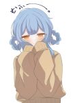  1girl alternate_costume blue_hair blush braid braided_hair_rings brown_sweater commentary_request hair_rings highres looking_at_viewer mahou_shoujo_no_majo_saiban mrez0729 puffy_sleeves short_hair simple_background single_sleeve_past_fingers single_sleeve_past_wrist smile solo sweater tachibana_sherry upper_body white_background yellow_eyes 