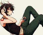  1girl anah_41 animal_ear_headphones animal_ears bandaid bandaid_on_face bare_shoulders black_tank_top breasts brown_eyes brown_hair cat_ear_headphones cat_ears commentary english_commentary eyeshadow fake_animal_ears from_side green_pants hand_on_headphones headphones holding holding_mp3_player kitsune_(anah_41) makeup medium_breasts midriff mp3_player navel_piercing original pants piercing profile reclining red_eyeshadow short_hair simple_background solo tank_top white_background 