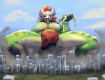 absurd_res anthro big_bulge blush bulge city city_destruction destruction hi_res kt_shaddow lizard macro male muscular muscular_male pecs reptile scalie solo terraria tongue tongue_out witch_doctor_(terraria)