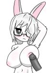 animal_humanoid anthro baizare big_breasts breasts emotionless eyewear fan_character female fur glasses hand_behind_head hi_res huge_breasts humanoid inverted_nipples lagomorph lagomorph_humanoid leporid leporid_humanoid mammal mammal_humanoid nipples one_eye_obstructed penis_on_nipples rabbit rabbit_ears rabbit_humanoid slim solo wearing_glasses white_body white_fur