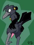 aarakocra_(dnd) anthro anus avian backsack balls beak bird black_body black_feathers blush butt corvid corvus_(genus) crow feather_hands feathers genitals gloves_(marking) gold_(metal) gold_jewelry gold_ring gravel_pit_(artist) green_eyes hair hair_bun hi_res jewelry male markings oscine passerine penis presenting presenting_hindquarters rook_(gravel_pit) solo tail tail_feathers tapering_penis underfluffies winged_arms wings