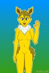 2:3 anthro blue_eyes breasts brown_ears carrie_lillis ear_piercing ear_ring eeveelution female fur generation_1_pokemon gesture hair hi_res jolteon mane navel nintendo nude pawpads piercing pokemon pokemon_(species) ponytail ring_piercing scoutthecat02 smile smiling_at_viewer solo waving waving_at_viewer white_body white_fur wide_hips yellow_body yellow_fur
