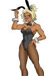 1girl animal_ear_hairband animal_ears bandaid bandaid_on_face bandaid_on_nose bare_shoulders beck_shiloh black_bow black_bowtie black_eyes black_leotard blush bow bowtie breasts cleavage commentary dark-skinned_female dark_skin detached_collar english_commentary fake_animal_ears feet_out_of_frame fishnet_pantyhose fishnets grey_wrist_cuffs hair_pulled_back hairband hand_on_own_hip high_ponytail highleg highleg_leotard highres leotard medium_breasts pantyhose playboy_bunny ponytail rabbit_ear_hairband rabbit_ears rumble_after_dark sideboob solo spicymancer strapless strapless_leotard toned toned_female traditional_bowtie wrist_cuffs 