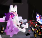alcohol anthro ashtray beer beverage blush bravo_(bravobunny) bravobunny cigarette detailed_background domestic_cat drugs duo electronics felid feline felis female female_anthro hair inside lagomorph leporid mammal nitrous nitrous_oxide nude purple_hair rabbit smile smoke smoking television