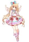  1girl ahoge ankle_lace-up bare_shoulders blonde_hair blue_bow blush bow bracelet braid brown_eyes commentary_request cross-laced_sandals dated dress fairy_wings fake_wings flower flower_ornament food four-finger_heart_hands frilled_dress frills fruit full_body futaba_anzu hair_bow hair_flower hair_ornament heart heart_hands highres idolmaster idolmaster_cinderella_girls idolmaster_cinderella_girls_starlight_stage jewelry layered_dress long_hair looking_at_viewer neck_ribbon open_mouth pearl_bracelet polka_dot polka_dot_bow revision ribbon saki_(pixy0911) sandals simple_background smile solo spaghetti_strap standing strawberry striped_ribbon transparent_bow twintails v-shaped_eyebrows very_long_hair white_background wings wrist_cuffs 