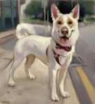 2021 alexpahomov ambiguous_gender brown_eyes canid canine canis curled_tail digital_media_(artwork) digital_painting_(artwork) domestic_dog feral fur harness hi_res looking_at_viewer mammal markings painting_(artwork) pink_nose pink_tongue quadruped solo standing street tail tan_markings tongue white_body white_fur
