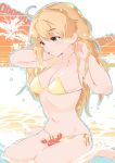  1girl ahoge alternate_hair_length_(longer) bandaid bandaid_on_cheek bandaid_on_face barefoot bikini blue_eyes breasts character_name commentary_request crab gold_bikini hair_between_eyes hands_in_own_hair highres igarashi_mangou kantai_collection long_hair medium_breasts oboro_(kancolle) orange_hair side-tie_bikini_bottom sitting solo swimsuit water wet yellow_bikini 