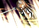  1girl ayasato_karen black_gloves cherry_blossom_print coat commentary_request cowboy_shot crossed_bangs double-parted_bangs eiyuu_densetsu fingerless_gloves floral_print gloves glowing glowing_eyes hair_between_eyes half_updo highres holding holding_sword holding_weapon katana kuro_no_kiseki_(series) kuro_no_kiseki_i long_hair looking_at_viewer obi obijime open_clothes open_coat open_mouth partially_shaded_face sash shizuna_rem_misurugi sidelocks solo sword upper_body weapon white_coat white_hair yellow_aura yellow_eyes 