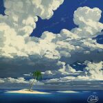  blue_sky cloud cloudy_sky commentary day horizon island landscape no_humans ocean original outdoors palm_tree scenery signature sky tree und2 untranslatable_commentary 