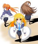  3girls absurdres black_jacket black_pantyhose black_skirt blonde_hair blue_eyes blue_necktie brown_hair clenched_hands closed_mouth coat commentary_request curtained_hair fate_testarossa floating_hair full_body hair_between_eyes high_heels high_side_ponytail highres jacket long_hair long_sidelocks long_sleeves looking_at_viewer lyrical_nanoha mahou_shoujo_lyrical_nanoha_exceeds:_gun_blaze_vengeance multicolored_coat multicolored_jacket multiple_girls necktie neiura open_clothes open_coat open_jacket orange_hair pantyhose parted_bangs pencil_skirt purple_eyes red_eyes side_ponytail sidelocks simple_background skirt skirt_suit smile standing suit suit_jacket takamachi_nanoha two-tone_background two-tone_coat two-tone_jacket very_long_hair white_background yagami_hayate 