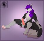2024 4_toes anthro artist_logo balls black_body black_fur braided_hair braided_ponytail canid canine canis claws devyshirehell dipstick_tail facial_hair feet fur genitals goatee grey_balls grey_body grey_fur grey_pawpads hair hi_res jack_(neojack) jackal knot logo long_hair looking_at_viewer male male_anthro mammal markings multicolored_body multicolored_fur nonbinary_(lore) nude nude_anthro nude_male pawpads penis ponytail presenting presenting_knot presenting_penis purple_claws purple_hair red_knot remake simple_background sitting sitting_on_ground smug solo tail tail_markings toes two_tone_body two_tone_fur