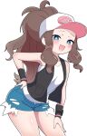  1girl absurdres baseball_cap black_vest blue_eyes blush brown_hair commentary_request cutoffs denim denim_shorts exposed_pocket hand_on_own_hip hat high_ponytail highres hilda_(pokemon) jburtenmm26 long_hair looking_at_viewer open_clothes open_vest poke_ball_print pokemon pokemon_black_and_white ponytail shirt shorts sidelocks smile smug thighs vest watch white_shirt wristband wristwatch 