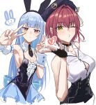  2girls :3 alternate_hair_length_(shorter) animal_ears armpits back_bow beret black_choker black_dress black_gloves black_skirt blowing_kiss blue_bow blue_hair blue_hat blue_skirt blue_trim blunt_bangs blush bow breasts buttons carrot center_frills choker cleavage closed_mouth collar collarbone collared_shirt cropped_legs cross-laced_clothes cross-laced_dress detached_collar detached_sleeves dot_nose double-breasted double_v drawn_heart dress fanged_bangs fingerless_gloves frilled_collar frilled_dress frilled_sleeves frilled_wrist_cuffs frills gloves gradient_eyes hair_intakes hat high-waist_skirt highres hikimayu hololive houshou_marine houshou_marine_(businesswoman) jitome large_bow light_frown long_hair looking_at_viewer loose_hair_strand medium_breasts multicolored_eyes multiple_girls necktie official_alternate_costume official_alternate_hairstyle one_eye_closed orange_eyes outstretched_arm playboy_bunny pleated_skirt pom_pom_(clothes) popped_button puffy_short_sleeves puffy_sleeves rabbit rabbit-shaped_pupils rabbit_ears rabbit_girl raised_eyebrow shino_12a shirt short_dress short_eyebrows short_necktie short_sleeves sideboob sidelocks simple_background skindentation skirt sleeveless sleeveless_dress sleeveless_shirt small_breasts symbol-shaped_pupils thick_eyebrows usada_pekora usada_pekora_(furi_furi_bunny_dress) v very_long_hair virtual_youtuber white_background white_collar white_shirt white_sleeves white_wrist_cuffs wrist_cuffs yellow_eyes 