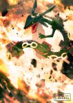  commentary_request debris fire floating highres looking_at_viewer no_humans open_mouth pokemon pokemon_(creature) pokemon_focus rayquaza twitter_username watermark yabuka_shiwa yellow_eyes 