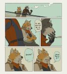anthro back_muscles barazoku belt big_muscles border canid canine canis cigarette cigarette_in_hand cigarette_in_mouth cigarette_smoke clothing comic crossed_arms dialogue dilukha duo english_text fingerless_gloves fox fox_mccloud fur gloves grey_body grey_fur handwear hi_res holding_cigarette holding_object jacket leaning leaning_backward leaning_forward leaning_on_railing male male/male mammal manly mercenary muscular muscular_anthro muscular_arms muscular_male nintendo object_in_mouth orange_body orange_fur outside shirt shoulder_pads smoke smoking smoking_cigarette speech_bubble spiked_shoulder_pads spikes star_fox tail text thick_arms topwear tough_guy white_body white_border white_fur wolf wolf_o'donnell