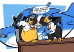 2020 accessory aircraft airplane animal_crossing anthro avian beak belly big_belly bird black_bottomwear black_clothing black_pants bloated blue_body blue_feathers boot_(artist) bottomwear burping clothing coffee_mug columbid dialogue dodo door duo electronics english_text eyewear eyewear_on_head feathers floor headphones huge_belly imminent_death imminent_digestion looking_at_another male necktie nintendo no_shoes open_door orville_(animal_crossing) pants recently_extinct_species red_necktie seaplane shirt smile struggling struggling_prey sunglasses sunglasses_on_head talking_to_another text thick_thighs topwear vehicle vore wearing_sunglasses white_clothing white_shirt white_topwear wide_hips wilbur_(animal_crossing) wood wood_floor yellow_body yellow_feathers