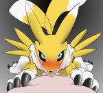 absurd_res ambiguous_gender anthro balls bandai_namco blush blush_lines bodily_fluids claws cum digimon digimon_(species) duo ears_up fellatio first_person_view fluffy genital_fluids genitals glowing glowing_eyes hi_res human kneeling_oral_position looking_at_viewer looking_up_at_partner male mammal messy niannn offscreen_male onomatopoeia oral paws penile penis precum renamon saliva sex sound_effects story story_in_description tail tail_motion tailwag text wet wet_penis