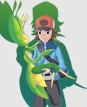 ambiguous_anthro ambiguous_gender anthro baseball_cap biped blowup_background blue_clothing blue_jacket blue_topwear bridal_carry brown_hair carrying_another clothing duo generation_5_pokemon hair hat headgear headwear hi_res hilbert_(pokemon) human jacket larger_human larger_male leavanny male male_human mammal nintendo pokemon pokemon_(species) silhouette silhouette_background simple_background size_difference smaller_ambiguous smaller_anthro topwear zeamaeri