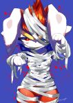  1other absurdres animal_ears animal_hands animal_nose arms_up artist_name bags_under_eyes bandages blue_background blue_fur body_fur bright_pupils cinderace closed_mouth commentary_request cowboy_shot ears_down furry half-closed_eyes highres looking_at_viewer minamo_(minamoto_minamo) multicolored_fur mummy_costume one_eye_covered other_focus outstretched_arms pokemon pokemon_(creature) rabbit_ears red_eyes red_fur red_hair short_hair signature simple_background solo splatter_background standing straight-on white_fur white_pupils wide_hips zombie_pose 