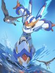  1boy absurdres android animal armor bird blue_sky closed_mouth commentary english_commentary falcon_armor_x_(mega_man) flying forehead_jewel full_body green_eyes helmet highres male_focus mega_man_(series) mega_man_x_(series) midair ocean omochi_(mochi_skymega) orange_sky sky smile solo splashing white_armor white_helmet wings x_(mega_man) 