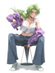  1girl artist_name bell-bottoms bleach bleach:_sennen_kessen-hen breasts candice_catnipp chair cleavage commentary crop_top crop_top_overhang green_eyes green_hair highres jacket jewelry large_breasts long_hair looking_at_viewer low-tied_long_hair midriff navel necklace on_chair pants pink_jacket purple_nails ririvart shoes sitting smile sneakers 