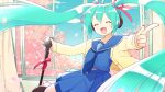  1girl :d bangs blue_hair cardigan cherry_blossoms closed_eyes curtains eyebrows_visible_through_hair falling_petals fisheye hair_ribbon hatsune_miku headphones high_heels highres holding holding_microphone long_hair microphone microphone_stand midriff_peek mikona_honey nail_polish neckerchief open_mouth petals pleated_skirt pointing pointing_at_viewer ribbon school_uniform serafuku skirt sky smile solo standing standing_on_one_leg tree twintails very_long_hair vocaloid window 