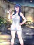  1girl absurdres bare_shoulders blue_hair bottle breasts cleavage closed_eyes covering fire_emblem fire_emblem_awakening full_moon hand_on_hip highres holding holding_bottle laughing long_hair lucina_(fire_emblem) medium_hair moon naked_towel night night_sky nude_cover onsen pocari66 rock sky smile solo steam stone_floor teeth towel water_spring wet wet_towel 