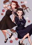  2girls ace_attorney black_hair braid brown_eyes dahlia_hawthorne dress hands_up highres iris_(ace_attorney) multiple_girls red_hair renshu_usodayo school_uniform short_hair siblings sisters smile 