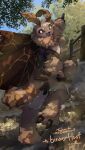 4_arms 5_fingers absurd_res antennae_(anatomy) anthro arthropod arthropod_abdomen black_body black_claws black_sclera black_skin blush brown_body brown_fur claws detailed_background digitigrade fingers flesh_fang floof_(binaryfloof) forest fur gesture hand_gesture hi_res insect insect_wings kintsugi_(art) lepidopteran lepidopteran_wings looking_at_viewer moth multi_arm multi_limb neck_tuft nullma open_mouth plant pointing smile striped_body striped_fur stripes tree tuft white_eyes wings