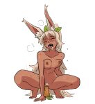  1girl animal_ears blonde_hair borrowed_character breasts carrot commentary dark-skinned_female dark_skin drooling english_commentary female_pubic_hair flying_sweatdrops frey_(freydraws) full_body highres medium_breasts motion_lines nipples object_insertion original plant_hair pubic_hair pussy pussy_juice rabbit_ears rabbit_girl saliva solo spicymancer spread_legs squatting sweat vaginal vaginal_object_insertion 