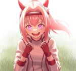 1girl absurdres animal_ears blush bow clenched_hands commentary_request ear_bow ear_covers fingerless_gloves flower-shaped_pupils flower_in_eye gloves haru_urara_(bestest_prize)_(umamusume) haru_urara_(umamusume) headband highres horse_ears horse_girl jacket long_hair open_mouth pink_hair pink_headband ponytail red_gloves red_headband shirt smile solo sumosumo symbol-shaped_pupils symbol_in_eye teeth umamusume upper_teeth_only white_jacket white_shirt 