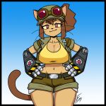  1girl absurdres animal_ears breasts cat cat_ears cat_girl cat_tail cleavage fungus-man gameoverse goggles goggles_on_head hands_on_own_hips hat head_tilt highres jacket kit_bodega large_breasts mechanical_arms midriff self-upload short_shorts shorts tail wide_hips 