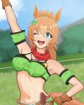  1girl animal_ears arm_up armband bandana bandeau bare_shoulders blue_eyes blush breasts brown_gloves brown_hair colt_single_action_army cowboy_hat gloves green_armband green_bandeau green_skirt gun hair_ornament hanatohikari hat hat_on_back highres holstered horse_ears horse_girl horse_tail large_breasts long_hair looking_at_viewer midriff navel one_eye_closed open_mouth outdoors ponytail red_bandana revolver sheriff_badge skirt smile solo star_(symbol) star_hair_ornament taiki_shuttle_(umamusume) taiki_shuttle_(wild_frontier)_(umamusume) tail teeth umamusume upper_teeth_only weapon 