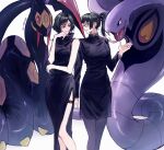  2girls arbok black_dress black_jacket black_pantyhose black_skirt crossover dress fangs feet_out_of_frame green_hair hand_up high_ponytail highres jacket jujutsu_kaisen jujutsu_tech_uniform looking_at_viewer matchi_(ginger.8) medium_hair multiple_girls open_mouth pantyhose pokemon pokemon_(creature) ponytail seviper short_hair siblings side_slit simple_background sisters skirt smile standing teeth tongue tongue_out twins twitter_username white_background yellow_eyes zen'in_mai zen'in_maki 