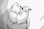  2022 anthro belly big_belly clothing eyes_closed hi_res humanoid_hands kemono male mammal microphone overweight overweight_male pommn_mn shirt simple_background singing solo topwear ursid white_background 