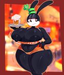 alcohol anthro beer beverage big_breasts black_body bottomwear breasts clothing disney fanny_cottontail female hat headgear headwear hi_res hooters hooters_uniform huge_breasts lagomorph leporid mammal navel rabbit rabbit5gamer shirt shorts smile solo thick_thighs topwear