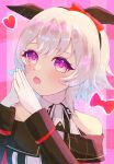  1girl animal_ears bare_shoulders biwa_irosaki black_hairband blush bow breasts coat commentary_request cosplay curren_chan_(fille_eclair)_(umamusume) curren_chan_(umamusume) curren_chan_(umamusume)_(cosplay) dress ear_bow ear_covers gloves grey_hair hairband highres horse_ears horse_girl long_sleeves off-shoulder_coat off-shoulder_dress off-shoulder_jacket off_shoulder open_mouth own_hands_together purple_eyes red_bow short_hair solo striped_clothes striped_dress umamusume vertical-striped_clothes vertical-striped_dress white_gloves 