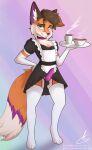 animal_genitalia animal_penis anthro armwear beverage blue_eyes bottomwear bulge canid canine canine_genitalia canine_penis clothed clothing coffee coffee_cup coffee_mug collar container crossdressing cup dipstick_tail ear_piercing erection femboy fox fur genitals hi_res holding_object holding_plate knot knotted_penis leggings legwear maid_uniform male mammal markings mochafox_(itsmochafox) novav33 orange_body orange_fur panties panties_down partially_clothed penis piercing plate pleated_skirt purple_body purple_fur purple_penis red_fox simple_background skirt smug_face solo stockings tail tail_markings true_fox underwear underwear_down uniform white_armwear white_body white_clothing white_fur white_legwear
