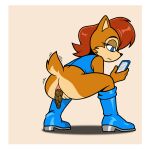 1:1 2026 4_fingers absurd_res anthro anus black_eyebrows black_nose blue_boots blue_clothing blue_eyes blue_footwear blue_topwear blue_vest boots border bottomless bottomless_anthro bottomless_female butt cellphone cheek_tuft chipmunk clothed clothed_anthro clothed_female clothing crouching electronics eyebrows eyelashes facial_tuft feces female female_anthro female_pooping fingers footwear fur genitals glistening glistening_eyes grey_boots grey_clothing grey_footwear ground_squirrel hair half-closed_eyes hi_res holding_cellphone holding_object holding_phone holding_smartphone humanoid_genitalia humanoid_vulva long_hair looking_at_object looking_at_phone mammal mouth_closed multicolored_body multicolored_boots multicolored_clothing multicolored_footwear multicolored_fur narrowed_eyes orange_body orange_fur orange_tail phone pink_anus pooping pupils red_hair rodent sally_acorn sciurid scut_tail sega shadow shoes short_tail sim_son simple_background smartphone snout solo sonic_the_hedgehog_(series) straining tail tan_background tan_body tan_fur tan_tail tan_vulva three-quarter_view topwear tuft two_tone_body two_tone_boots two_tone_clothing two_tone_footwear two_tone_fur two_tone_tail vest vulva white_border