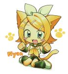  animal_ears animal_hands belt blonde_hair blue_eyes blush_stickers bob_cut bow cat_ears cat_girl cat_paws cat_tail commentary_request fang hair_bow highres kagamine_rin kemonomimi_mode menma_(enaic31) shorts tail thai_commentary vocaloid 