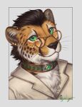 anthro brown_hair bust_portrait cheetah clothing collar digital_media_(artwork) ear_piercing ear_ring eyewear felid feline fur gem glasses green_eyes hair inner_ear_fluff jewel_collar looking_at_viewer male mammal piercing portrait ring_piercing rogueliger roidhcheetah signature solo spots tan_body tan_fur tuft wearing_glasses whiskers white_body white_fur