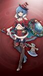  1girl artist_request axe bare_shoulders black_thighhighs blue_hair boots breasts brown_boots cleavage collarbone fam_(grimms_notes) fam_(seiya)_(grimms_notes) fur-trimmed_jacket fur_trim game_asset gem grimms_notes holding holding_axe holding_shield jacket midriff navel non-web_source official_art open_mouth parody pink_gem red_background red_skirt shield short_hair_with_long_locks skirt smile solo standing standing_on_one_leg style_parody thighhighs 