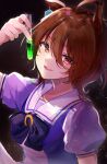  1girl absurdres agnes_tachyon_(umamusume) ahoge animal_ears bow bowtie breasts brown_hair commentary_request earrings hair_between_eyes highres holding holding_test_tube horse_ears horse_girl jewelry looking_at_viewer medium_breasts medium_hair mimuta open_mouth puffy_short_sleeves puffy_sleeves purple_bow purple_bowtie purple_shirt red_eyes sailor_collar sailor_shirt school_uniform shirt short_sleeves single_earring skirt smile solo test_tube tracen_school_uniform umamusume white_sailor_collar white_skirt 